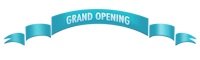 a blue ribbon with the words grand opening